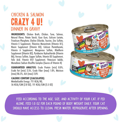 Weruva B.F.F. OMG - Best Feline Friend Oh My Gravy! Grain-Free Wet Cat Food Cans, Crazy 4 U! Chicken & Salmon, 2.8oz Can (Pack of 12)