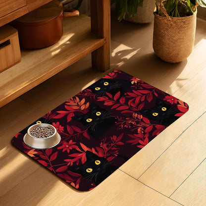 Black Cat Forest Pet Feeding Mat-Quick Dry Absorbent Dog Cat Food Mat, Anti-Slip Water Bowl Mats for Messy Eaters-No Stains Indoor Pet Accessories 12"x20"