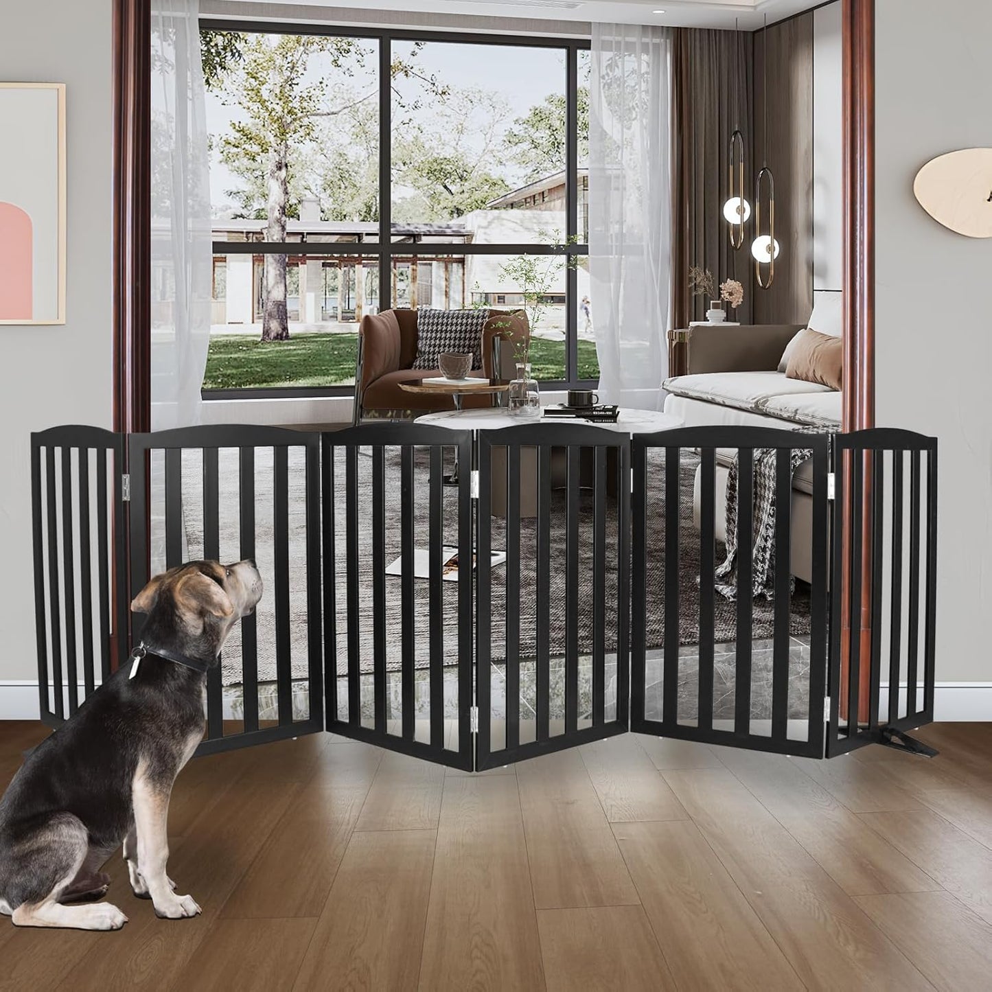ZJSF Foldable Freestanding Indoor Dog Gate for House Wood Long Pet Gates Dog Fence for Stairs Puppy Gates for Hallways, Puppy Gate,Support Feet Included, Black, 32 "Height-6 Panels