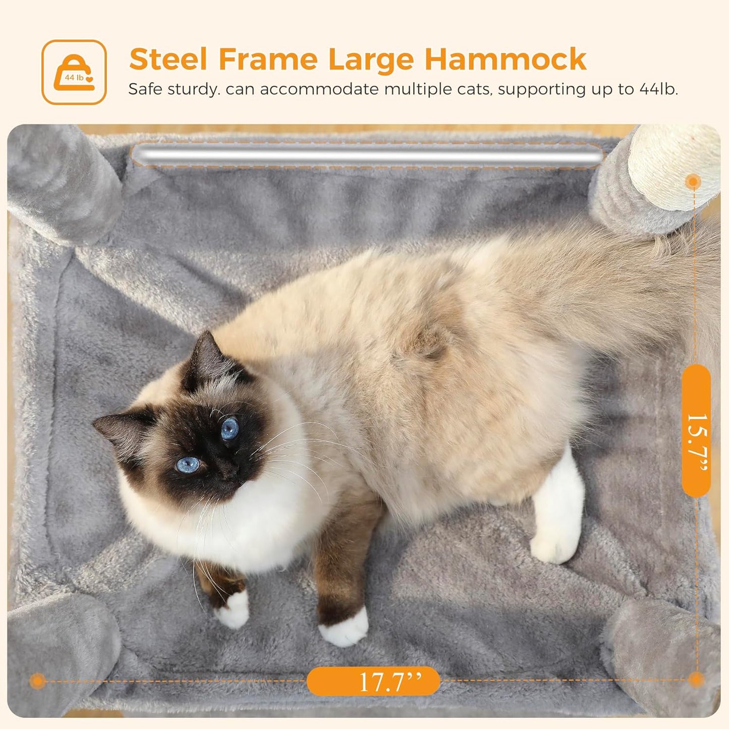 Cat Tree for Indoor Cats, 45.7" Multi-Level Cat Tower with Large Metal Frame Hammock, Cat Condo with 4 Scratching Posts and Top Perch for Small Medium Kitty, Grey