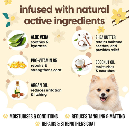 Vanilla & Shea Butter Dog Conditioner (16.90oz) Aloe Vera, Argan Oil & Pro Vitamin B5 to Detangle Matted Coats & Relieve Sensitive & Itchy Skin, Suitable for Puppies from 8 Weeks, Vegan