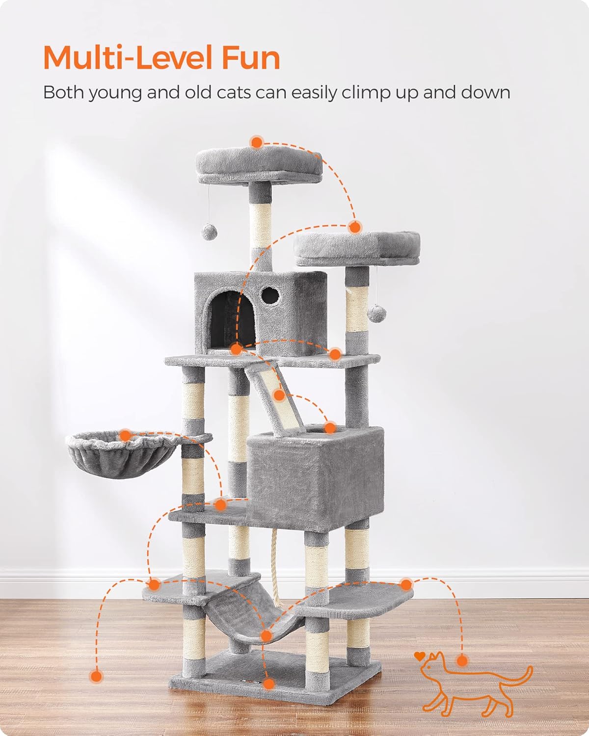 Feandrea Cat Tree, 66.1-Inch Large Cat Tower with 13 Scratching Posts, 2 Perches, 2 Caves, Basket, Hammock, Pompoms, Multi-Level Plush Cat Condo for Indoor Cats, Light Gray UPCT165W01