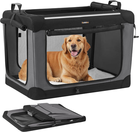 Feandrea Collapsible Dog Crate, 36-Inch Portable Dog Travel Crate for Large Dogs, Oxford Fabric Pet Carrier with 4 Mesh Doors, Handles, Storage Pocket, Water Bottle Holder, Ink Black UPDC019B01