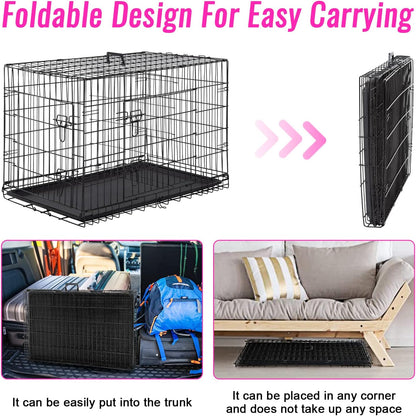 FDW Dog Crate for Large Dogs 48 Inch Folding Metal WirePet Cage Double Door W/Divider Panel Indoor Outdoor Kennel Leak-Proof Plastic Tray,Black