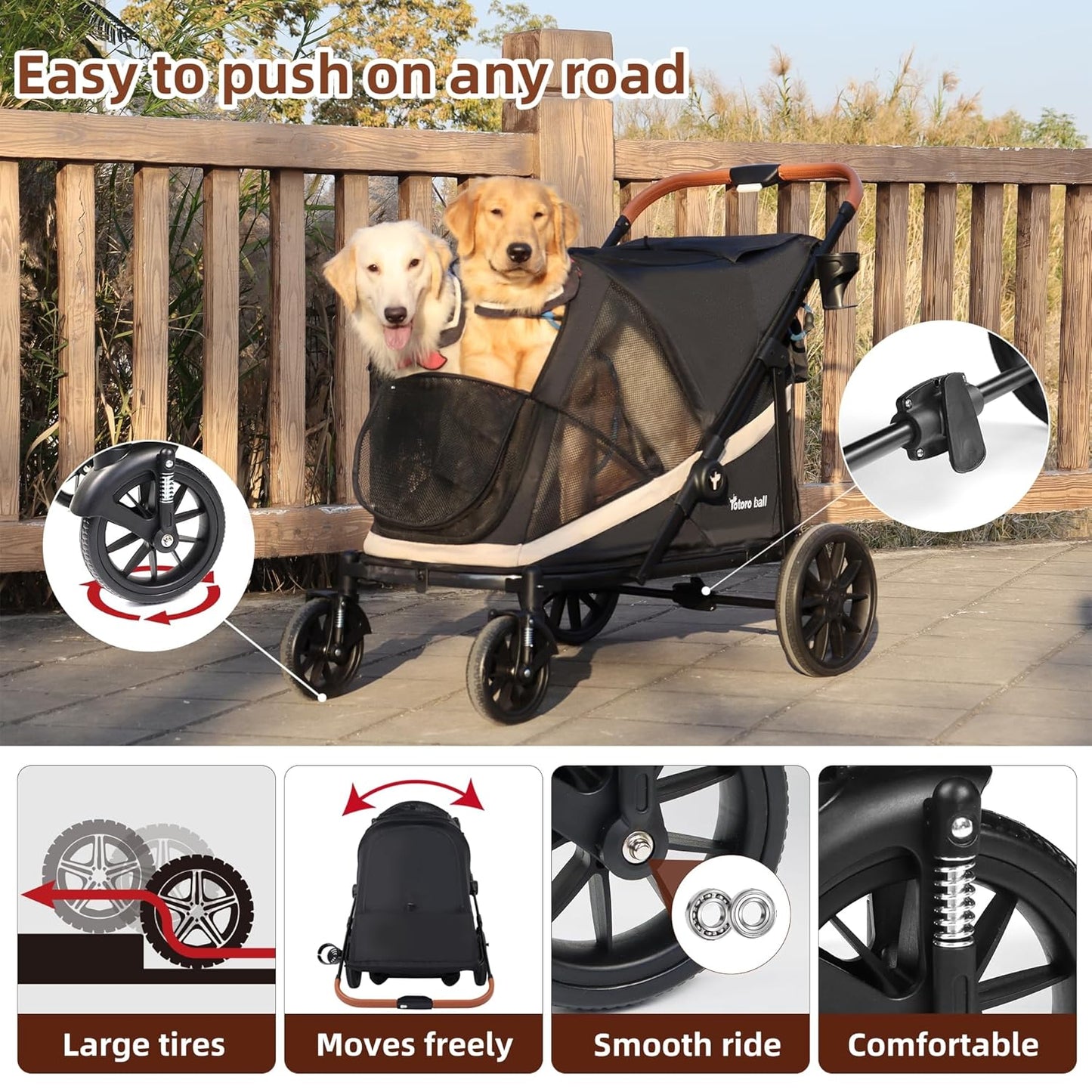 Dog Stroller for Large Dogs One-Click Folding 4 Wheel Foldable Dog Stroller for 2 Dogs with Storage Pocket Suitable for Pets Up to 110LBS (Black, Large)