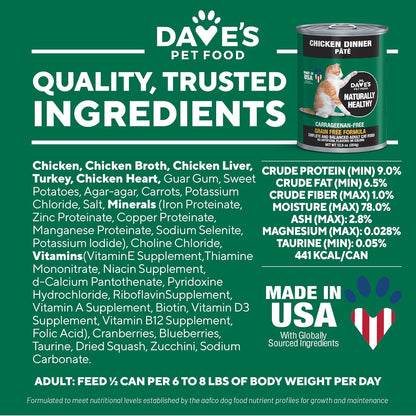 Dave's Pet Food Grain Free Wet Canned Cat Food Pate(Chicken), Made in USA Naturally Healthy, Wheat & Gluten-Free, 12.5 oz Cans (12 Pack)