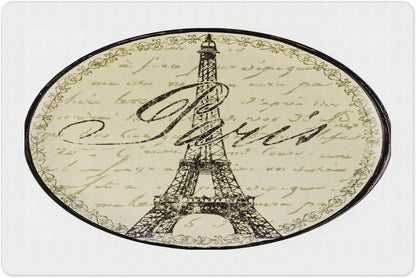 Lunarable Paris Pet Mat for Food and Water, Vintage Wall Sign with Paris Theme Famous Landmark Tourism Travel Destination, Non-Slip Rubber Mat for Dogs and Cats, 18" X 12", Beige and Black