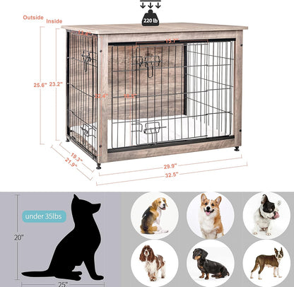 DWANTON Dog Crate Furniture with Cushion, Wooden Kennel Table with Double Doors, Indoor Dog House, Medium Size, 32.5" L, Greige