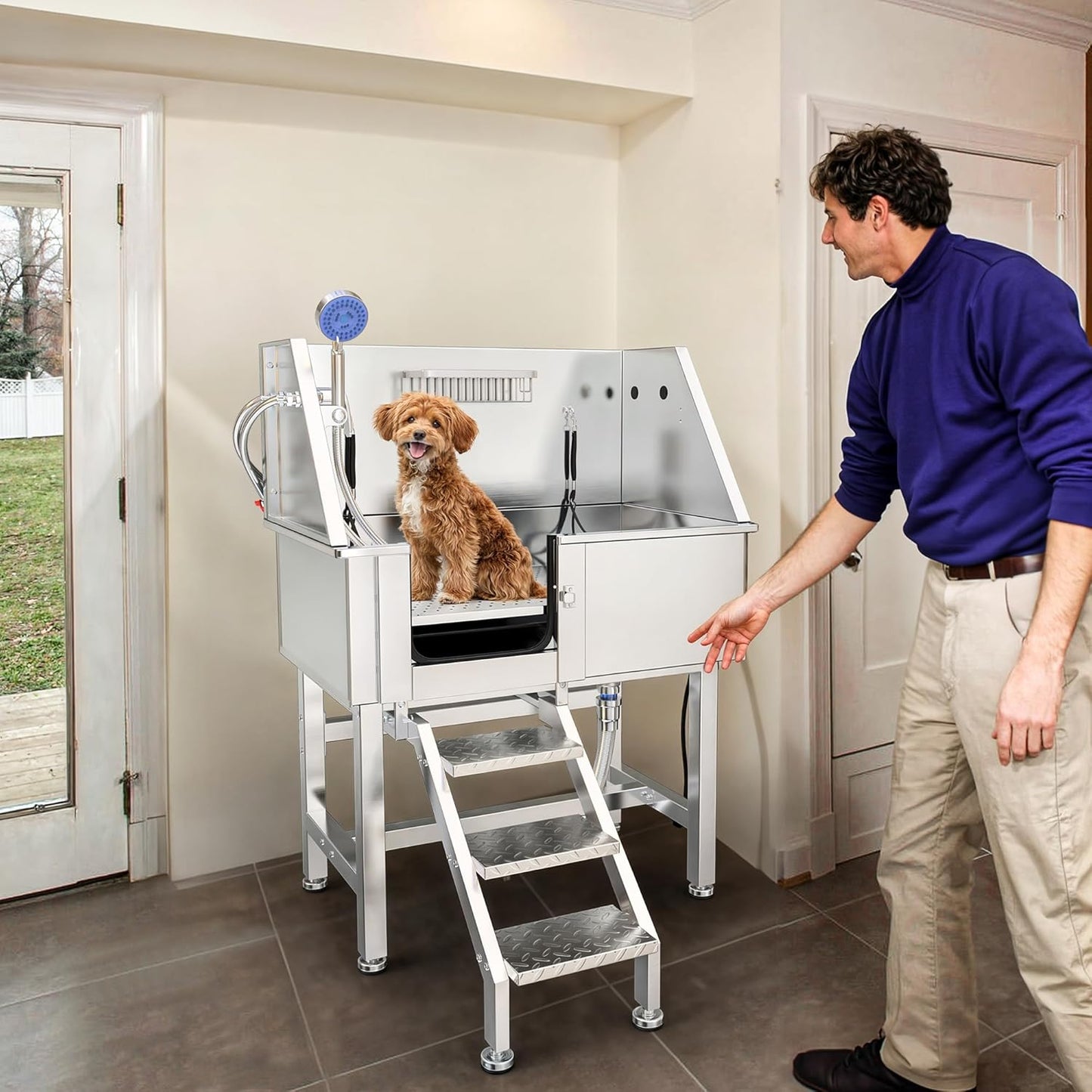 YITAHOME Dog Grooming Bathtub 38in, Professional 304 Stainless Steel Dog Bathing Station Tub w/Left Stairs, Faucet, Floor Grate, Pet Washing Station for Small, Medium, Indoor, Outdoor