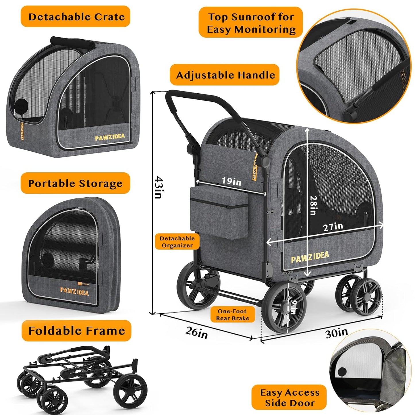 PAWZIDEA Dog Stroller for Large Dogs, Pet Stroller with Detachable Carrier for Portable Dog Crate for Car Seat, Foldable Dogs Jogger Strollers, All Terrain 9” Wheels, Adjustable Handle, Up to 80lbs