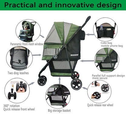 ROODO 3 Wheel Pet Stroller Best Lightweight Foldable Compact Portable Jogger All Terrain Travel Pet Gear Puppy Kitty Stroller for up to 30lbs Medium Small Dogs and Cats(Green)