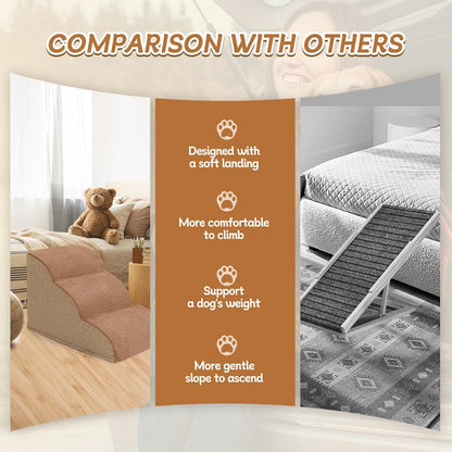 Romrol Dog Stairs Ramp for High Beds Couches, High Density Foam Pet Steps with Durable Non-Slip Waterproof Fabric Cover, Dog Stairs for Small Dogs or Cats or Pets, 3-Step,15 Inch,Light Brown