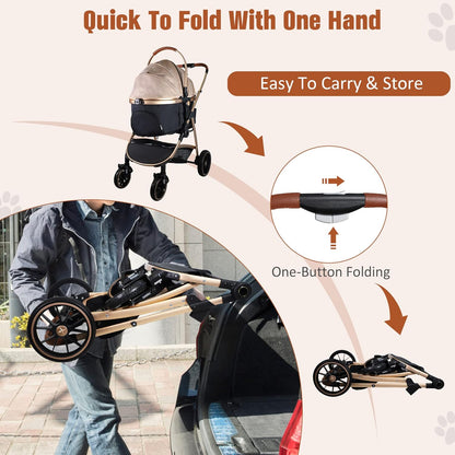 3 in 1 Multifunction Pet Stroller for Small Medium Dogs Cats, No-Zip Dog Stroller with Detachable Carrier & Cup Holder, One-Hand Quick Fold, 4 Wheels Travel Foldable Aluminum Alloy Frame Up to 33 lbs