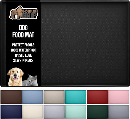 GORILLA GRIP 100% Waterproof Raised Edge BPA Free Silicone Pet Feeding Mat, Dog Cat Food Mats Contain Spills Protects Floors, Placemats for Cats and Dogs Water Bowl, Pets Accessories 32x24 Black