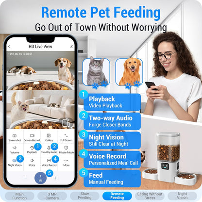 Automatic Cat Feeder with Two HD Camera for 2 Cats: 5G WiFi Automatic Dog Feeder with Night Vision & Slow Feed, 7L Auto Cat Food Dispenser for Multiple Pet, Detachable for Cleaning - 29 Cup