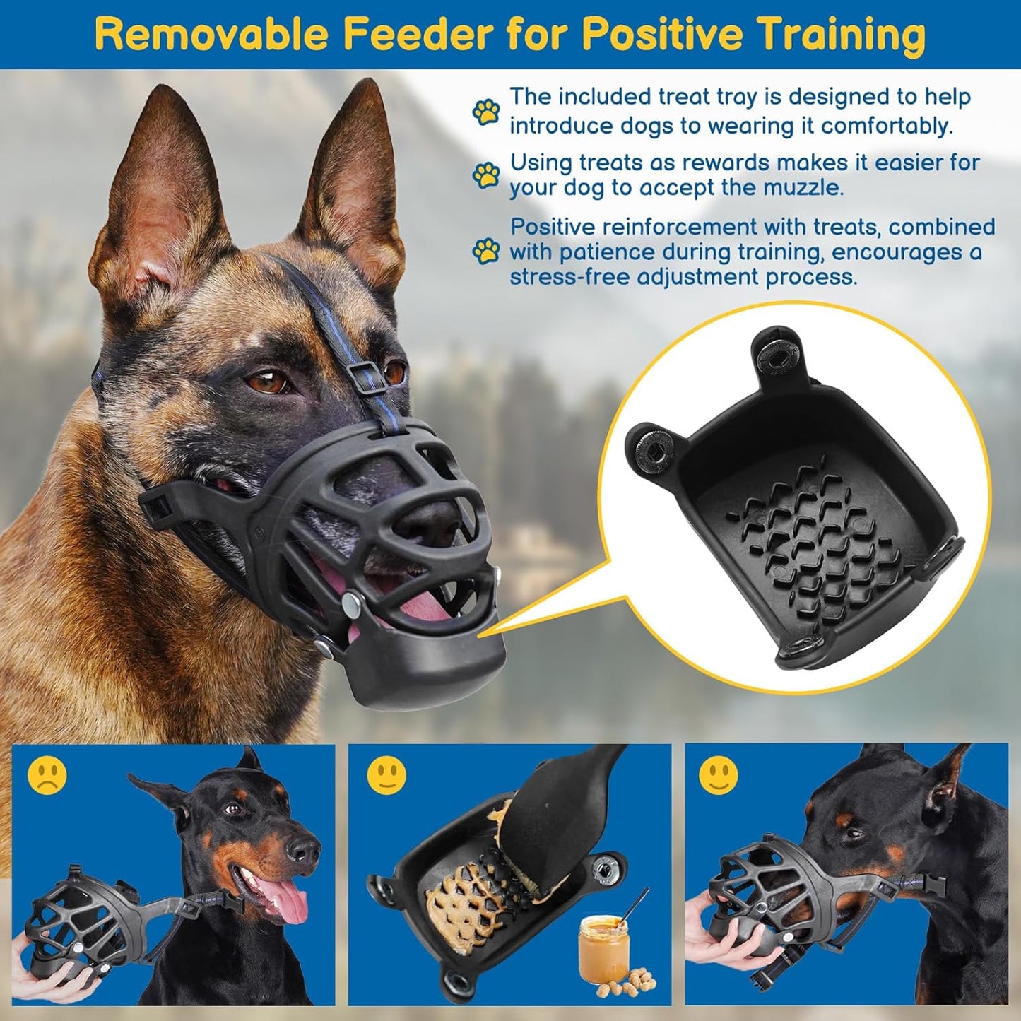 BARKLESS Basket Muzzle for Dogs, Humane Muzzle to Prevent Biting and Scavenging, Snap-on Treat Cover Helps Dogs Acclimatize Mouth Cover, Adjustable Mouth Guard for Positive Training, Grooming