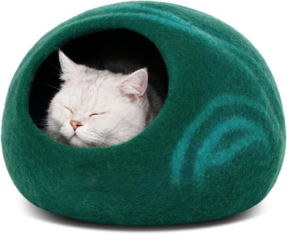 MEOWFIA Cat Cave – Premium Felt Cat Bed for Indoor Cats, Handmade 100% Merino Wool (Large, Emerald)
