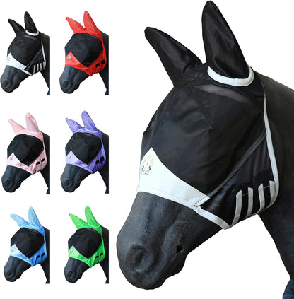 T TEKE Fine Mesh Horse Fly Mask w/Ears, UV Blocking 3D Eye Visor with Extra Fleece Cushioned Forehead, Protection from Insect Pests