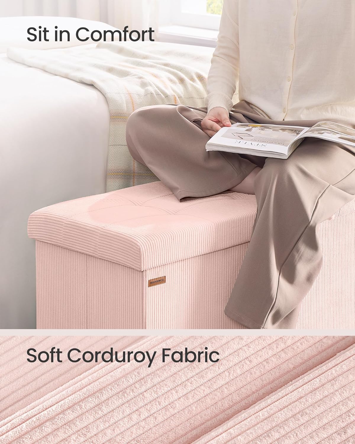 SONGMICS MAZIE Collection - Storage Ottoman Bench, Foldable Foot Rest, 15 x 43 x 15 Inches, End of Bed Bench, Storage Chest, Load 660 lb, Living Room, Bedroom, Entryway, Jelly Pink ULSF604R01
