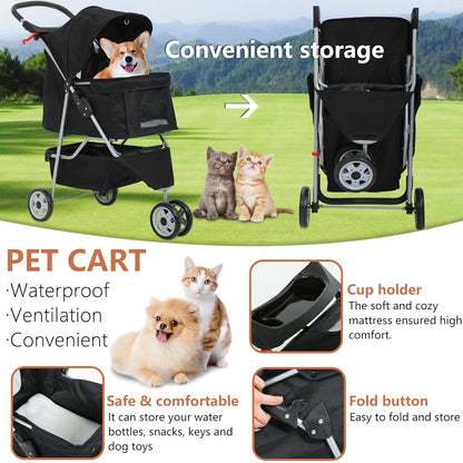 Travel Folding Pet Jogger for Small Medium Dog Cat - Folding Stroller with Storage Basket, Removable Cup Holders (Black, 3 Wheels)