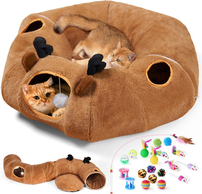 Odoland Reindeer Cat Tunnels Bed with 20 Kitten Toys for Indoor Cats, Plush Cats Couch Tunnel Bed - Kittens Cave Donut Tunnel - Detachable Soft Cat Bed and Variety Kitty Toy Set