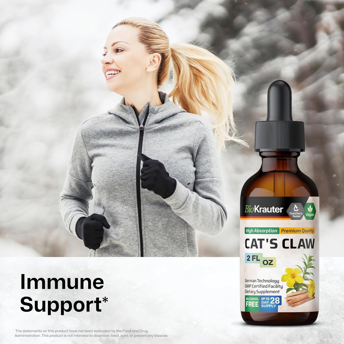 BIO KRAUTER Cats Claw Tincture - Vegan Cat's Claw Supplement - Immune Support - Alcohol & Sugar Free Extract - Vegan Drops 2 Fl.Oz.