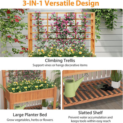 Giantex Raised Garden Bed with Trellis, Wooden Elevated Planter Box with Legs, Drainage Holes for Climbing Plants Vines Vegetables Flowers Herbs, Outdoor Horticulture Planter for Patio Yard (Brown)