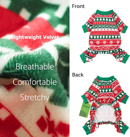 Fitwarm Dog Christmas Outfit, Holiday Pet Clothes for Small Dogs Boy Girl, Festive Pajamas with Feet, Puppy Onesie, Red, Green, XL