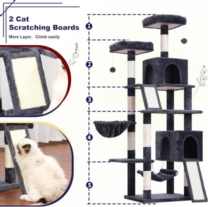 Cat Tree for Indoor Cats, 71'' (180cm) Multi-Level Cat Tower for Large Adult, Sturdy Cat Tree House with 2 Scratching Boards 7 Posts, 2 Plush Perches/Condos, Hammock, Smoky Gray GCT032G