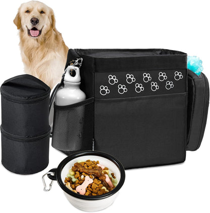 Dog Travel Bag - Airline Approved, 2 Food Containers, 2 Bowls, Treat Pouch & Accessories