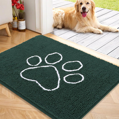 OLANLY Door Mat for Muddy Dog Paws 40x32, Absorbent Chenille Mud Doormat with Paw Print Design, Non-Slip Washable Doormat for Indoor Entryway, Quick-Dry Pet Bed Mats for Dirty Dogs, Blackish Green