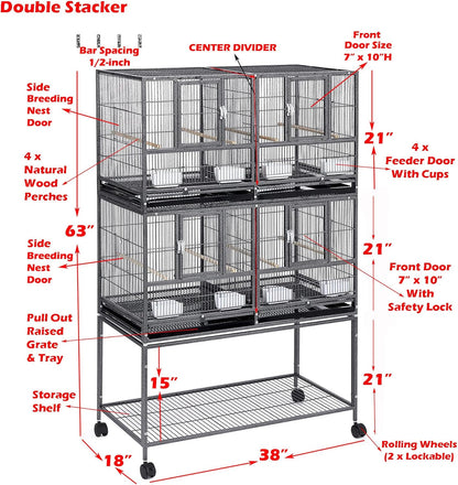 Double Stackable Center Divided Side Nesting Box Doors Breeder Breeding Bird Flight Double Rolling Cage for Aviaries Canaries Cockatiels Lovebirds Finches Budgies Small Parrots
