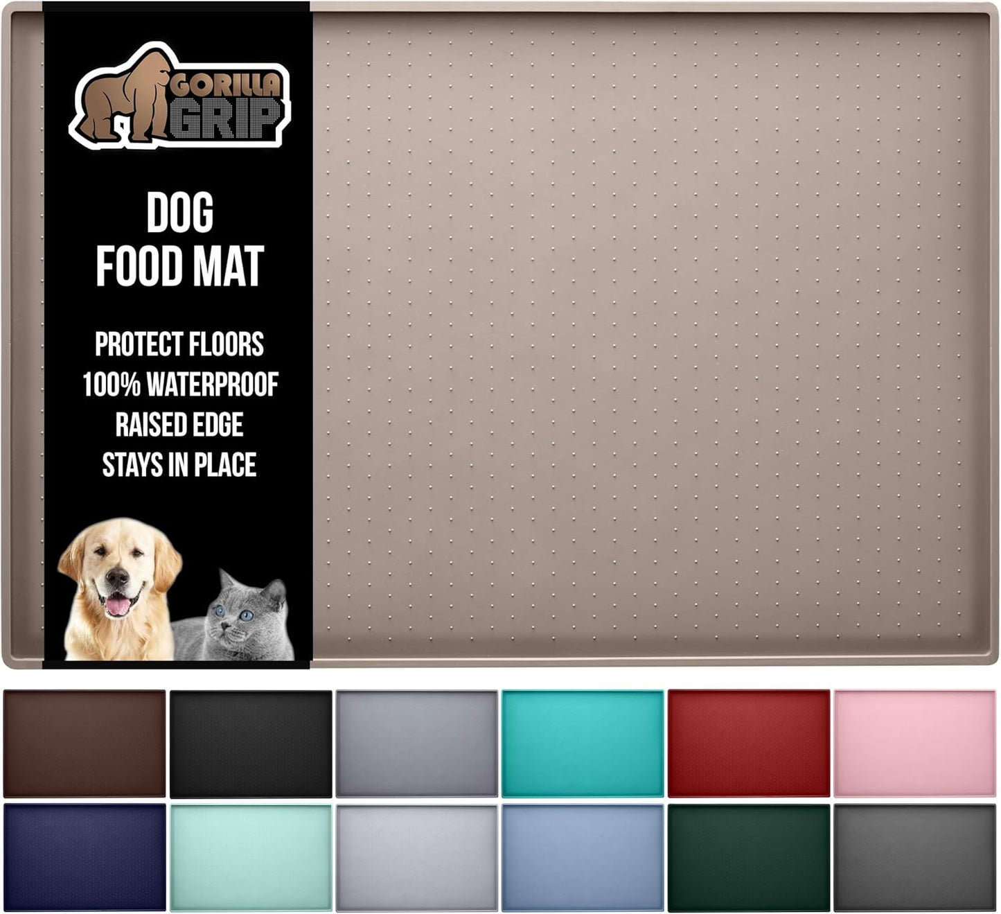 GORILLA GRIP 100% Waterproof Raised Edge BPA Free Silicone Pet Feeding Mat, Dog Cat Food Mats Contain Spills Protects Floors, Placemats for Cats and Dogs Water Bowl, Pets Accessories 28x18 Beige