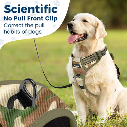 Funfox Dog Harness No Pull, Adjustable Pet Vest Harness, Super Soft Material with Vertical Handle Easy Control, Reflective Night Walking, 2 Leash Clips for Small Sized Dogs, Camo Green, S