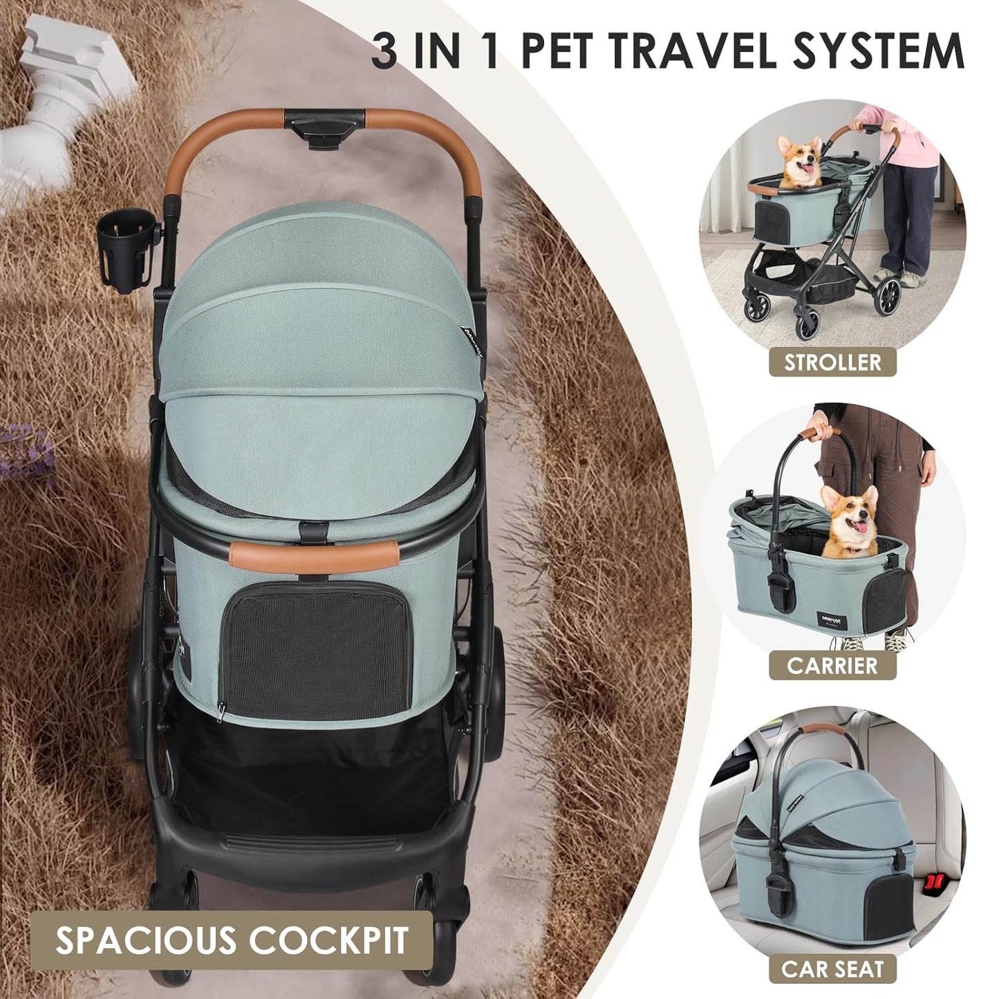 T6 Luxury Pet Stroller for Medium Dogs Up to 66lbs or 2 Small Pets – 3-in-1 Dog & Cat Stroller with Removable Carrier, Foldable & Lightweight (Green)
