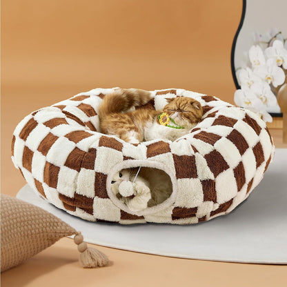 Lesure Cat Tunnel Bed for Indoor Cats - Cute Cat Donut Tunnel Toys for Small Large Cats with Washable Circle Cushion, Round Pet Peekaboo Cave Toy for Kitten/Puppy/Rabbit, Standard Brown