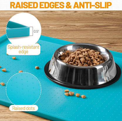 Hubulk Dog Feeding Mat,100% Waterproof Food Grade Silicone Pet Food and Water Bowl Placemat,Dishwasher, High Raised Edge to Prevent Spills,Nonslip Tray to Stop Messes on Floor (24"x16"x0.5", Teal)