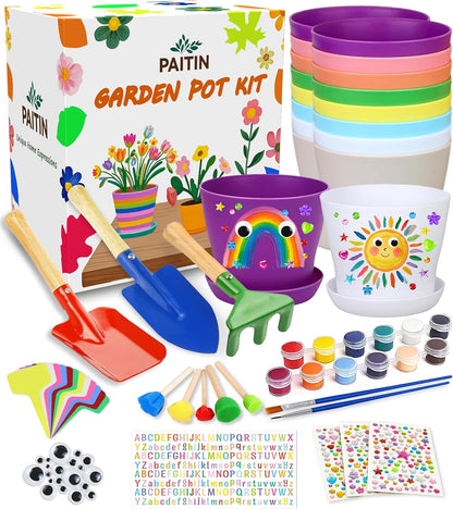 PAITIN Paint & Plant Garden Pot Craft Kit - 4 Inch Plant Pots, Kids Gardening Tools, Labels, Paints, Brushes, Gem & Eye Stickers - Perfect Spring Crafts Gifts for Women & Kids
