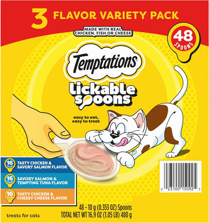 Temptations Lickable Spoons Adult Wet Cat Treats, 48 Spoons, Variety Pack