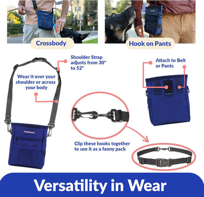 Dog Treat Pouch, Durable Oxford Polyester, No-Spill Magnetic Closure, Treat Pouches for Pet Training with Metal Clip, Waist Belt, Adjustable Strap, Poop Bag Dispenser (Navy Blue)