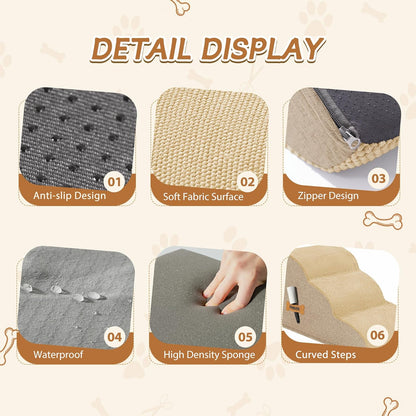 Romrol Dog Stairs Ramp for High Beds Couches, High Density Foam Pet Steps with Durable Non-Slip Waterproof Fabric Cover, Dog Stairs for Small Dogs or Cats or Pets, 3-Step,15 Inch,Beige