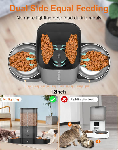 HoneyGuaridan 5L Automatic Cat Feeder for Two Cats, 5G WiFi Smart Feed Pet Feeder with Stainless Steel Bowl,APP Control Dispenser, Dual Power Supply,Desiccant Bag,10s Meal Call Black