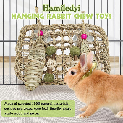 Hamiledyi Rabbit Seagrass Mat Hanging Bunny Chew Toys for Teeth Rabbit Enrichment Activity Mat Small Animal Toys for Guinea Pigs Chinchillas Gerbils Birds