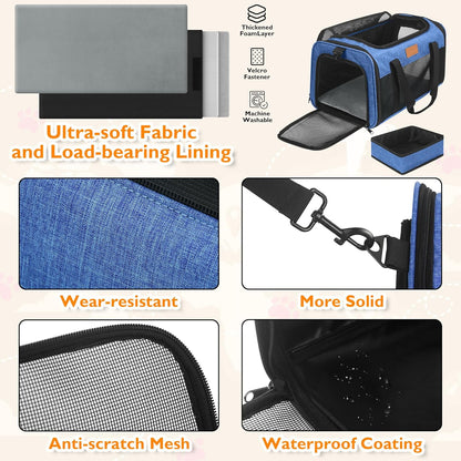 PETUX TSA Approved Pet Carrier in Cabin, 17"x11"x9.5" Soft Cat Carriers for Small Cats up to 12 lb, Top-Open Portable Dog Carrier with Litter Box and Anti-Scratch Mesh for Puppy up to 10 lb (Blue)