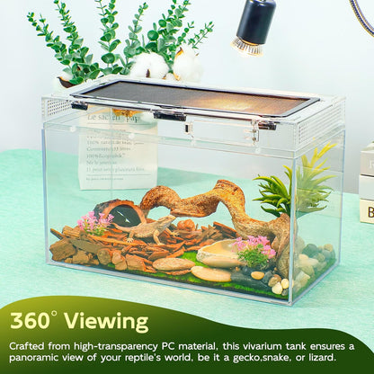 16×10×8'' Reptile Tank Kit with Heat Lamp, Spray Bottle, Shovel, Tweezers, Food Bowl, Hideout -Perfect for Geckos, Bearded Dragons, Snakes, Lizards, Turtles 360° Viewing, PC Glass