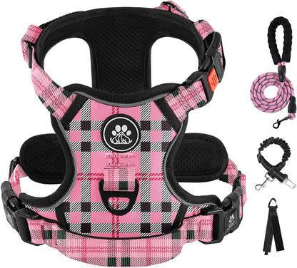 IVY&LANE No Pull Dog Harness with Leash Set, Reflective No Choke Pet Vest,Adjustable Oxford Dog Vest Harness with Easy Control Handle for Small Dogs (Checkered Pink,S)