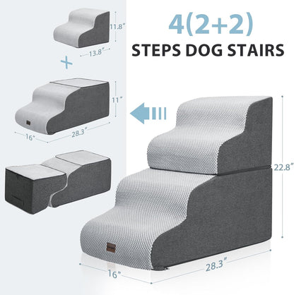 Dog Stairs for High Beds, 4-Step Dog Steps for Small Dogs and Cats, Foldable Pet Stairs for High Bed Climbing, Non-Slip Balanced Pet Step Indoor, Light Grey