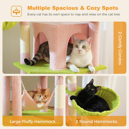 71.2" Large Cat Tree for Multi-Cat Households - Heavy-Duty 9-Level Cat Tower w/5 Sisal Scratching Posts, 2 Condos, 3 Hammocks, Extra-Large Perch & Pompoms - Space-Saving, Pink
