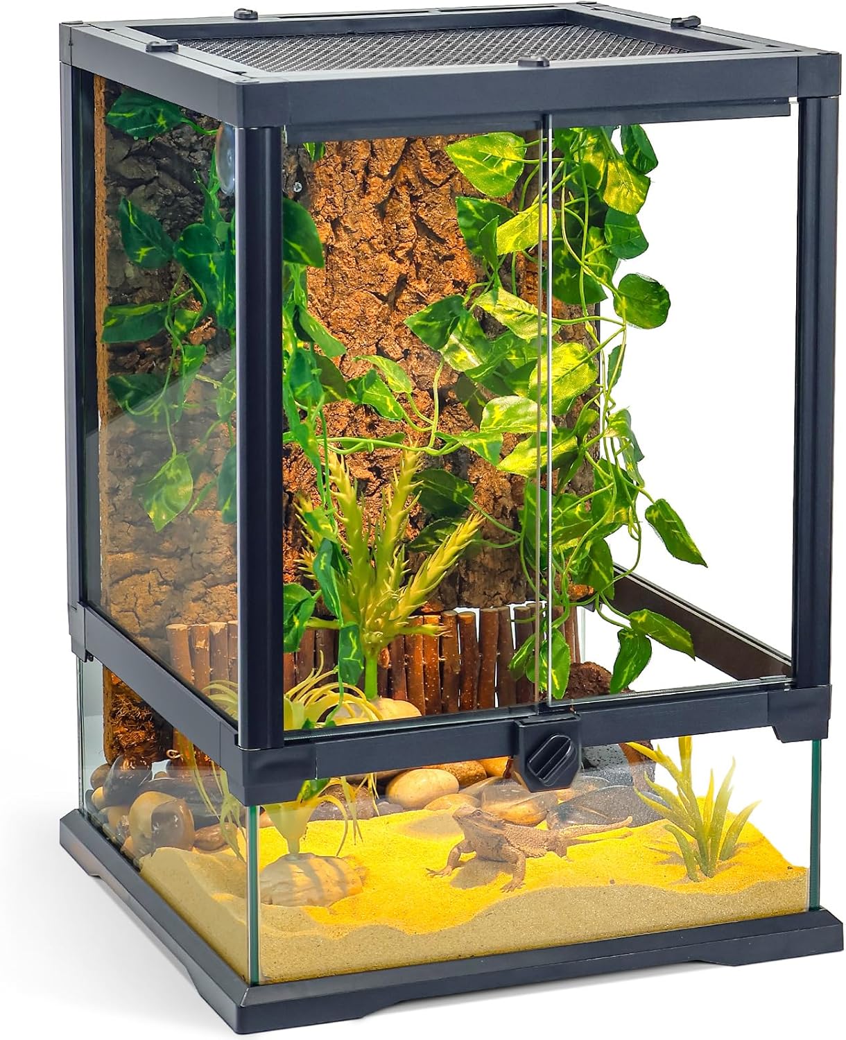 360° Clear View 12 Gallon 18x12.6x12.6 Glass Reptile Terrarium Suitable for Bearded Dragon, Chameleon, Crested Gecko, Multi-Pet Enclosure with Front Door, Excellent Ventilation, Hidden Wiring Holes