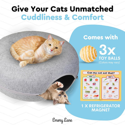 Emory Lane - Premium Cat Cave for Small Pets, Multifunctional Donut Tunnel Bed for Indoor Pets, Round Felt Pet Cave with Premium Zipper, for Pets up to 40 Lbs (24x24x11 Inch) (Light Gray)